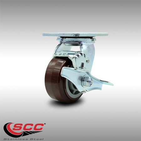 Service Caster 4 Inch Stainless Steel Polyurethane Swivel Caster with Roller Bearing and Brake SCC-SS30S420-PPUR-TLB